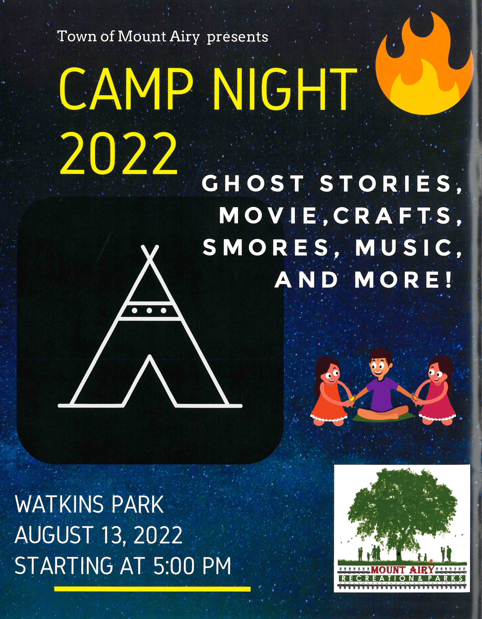 Camp Night at Watkins Park on August 13, 2022 - Starting at 5:00 p.m.
